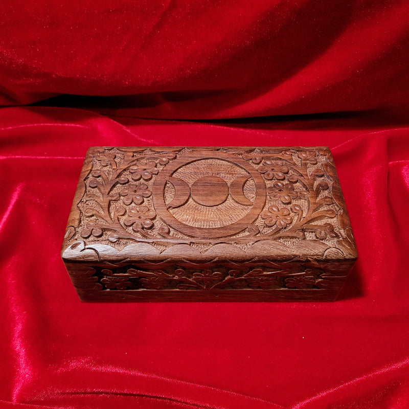 Triple Goddess Moon Carved Wooden Box