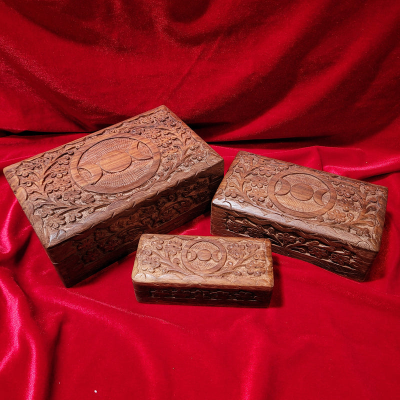 Triple Goddess Moon Carved Wooden Box