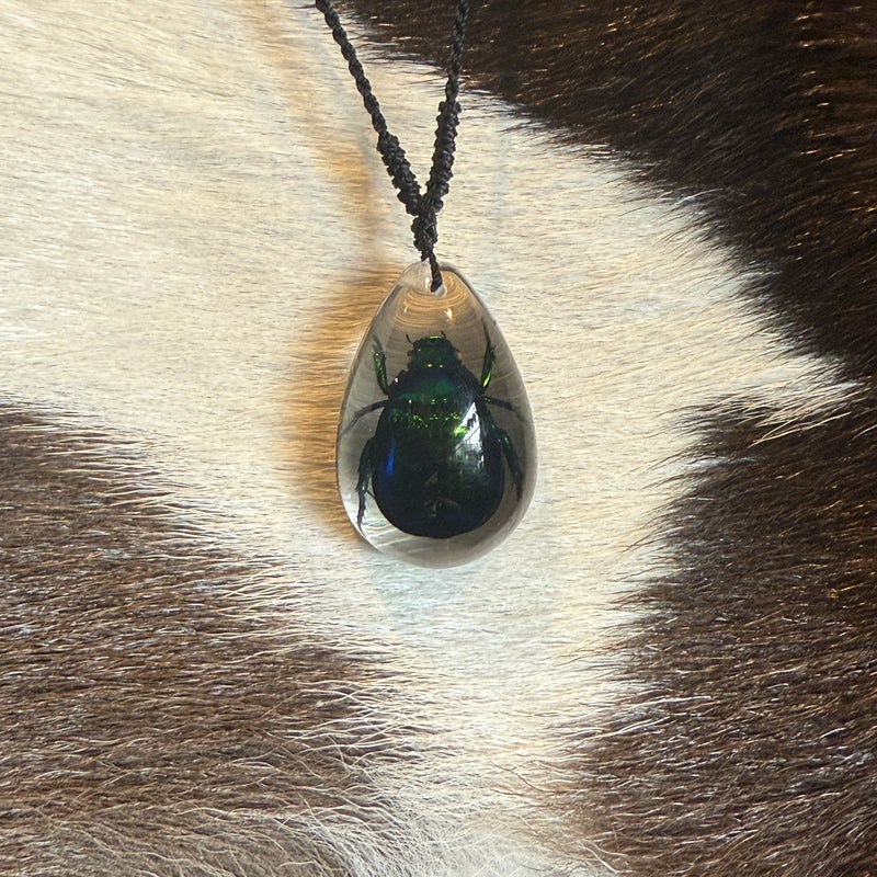 Green Chafer Beetle Tear Drop Necklace